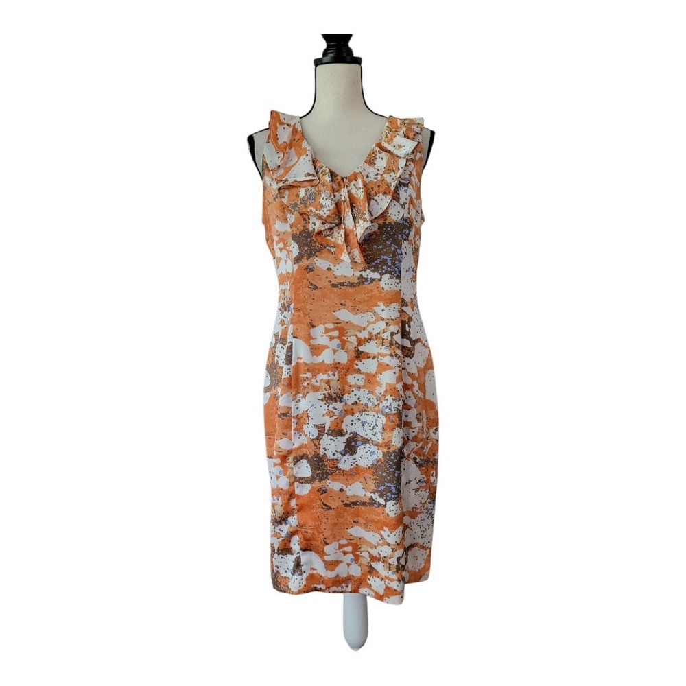 💕Marc New York Womens Sz 10 Orange Splatter Paint Ruffle V Neck Sheath Dress